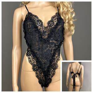 Vintage Delicates Backless Bodysuit Teddy Thong Size Large Ribbon Bow Lace Black